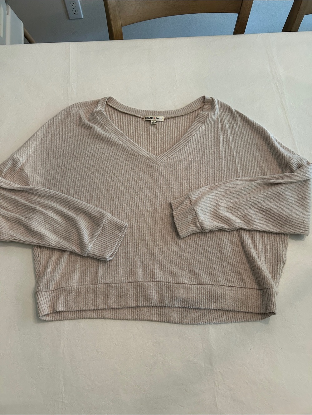Ribbed V-Neck Sweater in Light Taupe